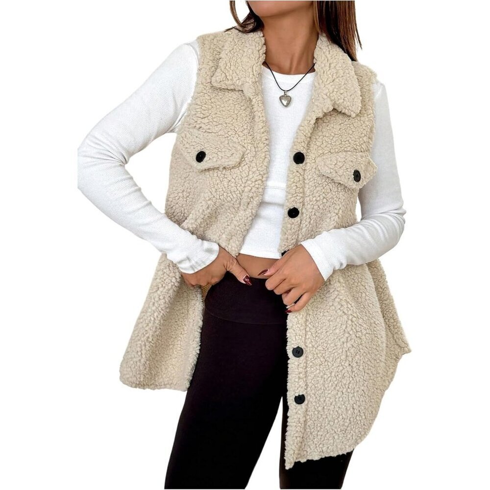 Women's Apricot Fuzzy Fleece Vest Sleeveless Button Down Thigh Length Teddy Coat